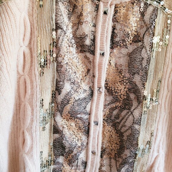 Free People Cardigan Sweater Womens Medium Peachy Pink Angora Blend Sequins - Picture 3 of 11
